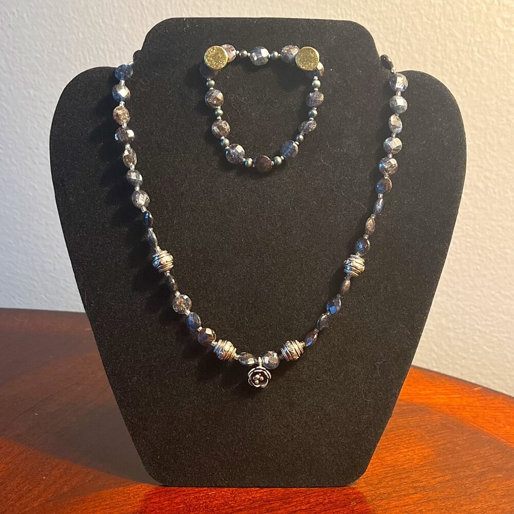 Handmade Jewelry Set - Blue/Gray and Silver Beaded Necklace and Bracelet